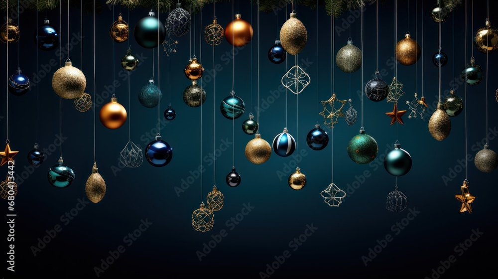 Poster a dark background with a bunch of christmas ornaments hanging from a string, creating a festive atmo