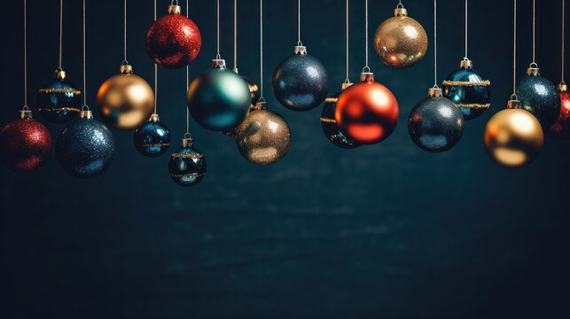  a bunch of different colored ornaments hanging from a line of gold, red, blue and green baubles.