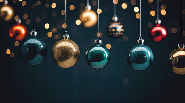  A Group Of Christmas Ornaments Hanging From A String On A Black Background With Gold And Red Lights In The Background.