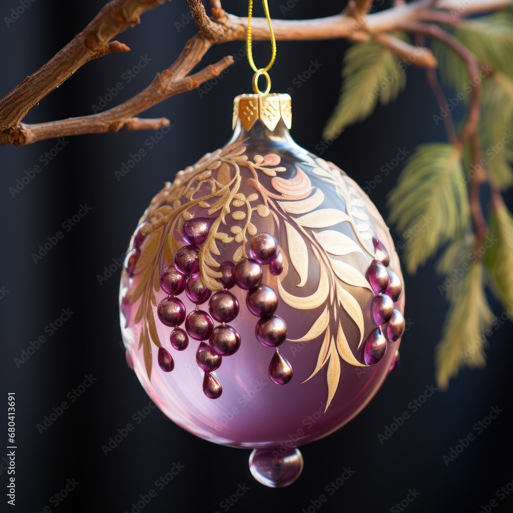 Aufkleber an ornament hanging from a tree branch with a branch in the foreground and a branch in the backgroun