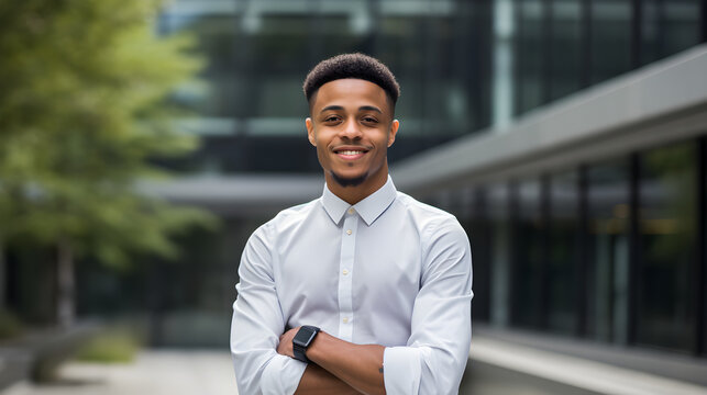 A young black man stands confidently, his crisp shirt with rolled up sleeves and popped collar reflecting his relaxed demeanor as he flashes a charming smile, exuding effortless style