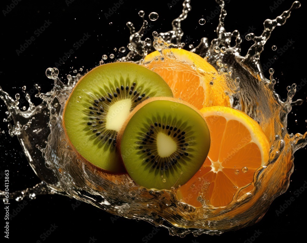 Poster an orange and kiwi cut in half with water splashing on the top and bottom of the sliced fruit.