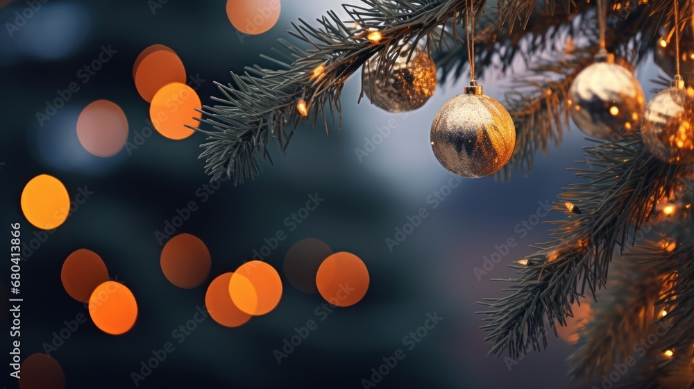 Poster a close up of a pine tree with a bunch of christmas ornaments hanging from it's branches and blurred