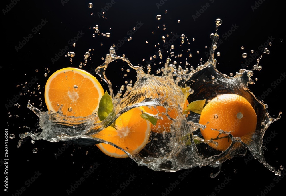 Poster a group of oranges are splashing into the water on a black background with a splash of water on the 