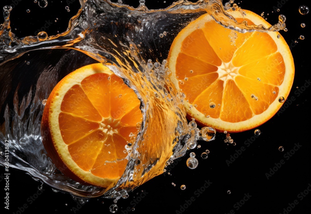 Poster two oranges splashing in the water on a black background, creating a vivid contrast between the brig