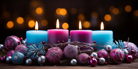 Kerzen mit Flammen zu Weihnachten als Adventskranz in blau und pink mit wunderschöner Dekoration im Querformat als Banner, ai generativ - obrazy, fototapety, plakaty
