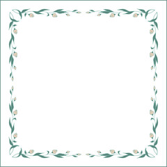  Green floral frame with leaves and flowers, decorative corners for greeting cards, banners, business cards, invitations, menus. Isolated vector illustration.