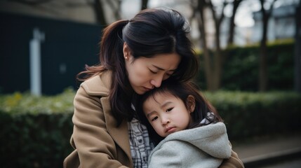 Fototapeta premium A woman tenderly cradling a child in her arms, displaying a bond of love and care.