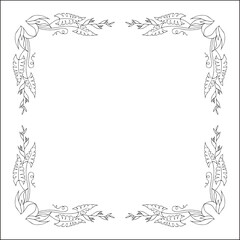 Black and white floral frame with tropical leaves and flowers, decorative corners for greeting cards, banners, business cards, invitations, menus. Isolated vector illustration.	