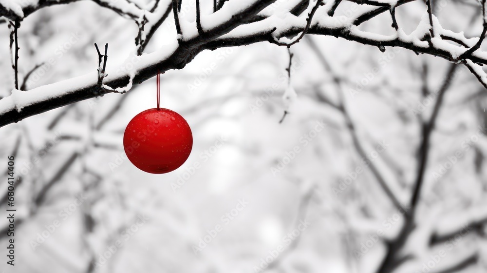 Poster a red ornament hanging from a tree branch in a snow - covered forest with trees in the background.