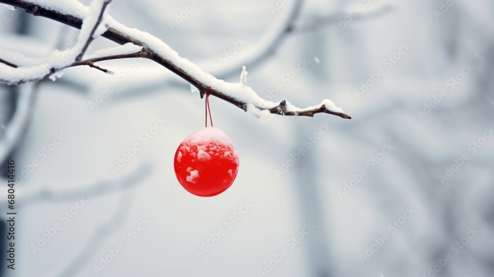 Poster a red ball hanging from a tree branch with snow on the branches and behind it is a blurry background