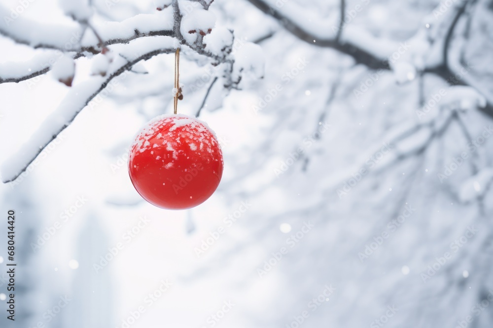 Poster a red ornament hanging from a tree with snow on it's branches and a building in the background.