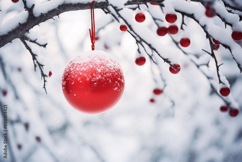 Poster a red ornament hanging from a tree branch with snow on it and red berries hanging from the branches.