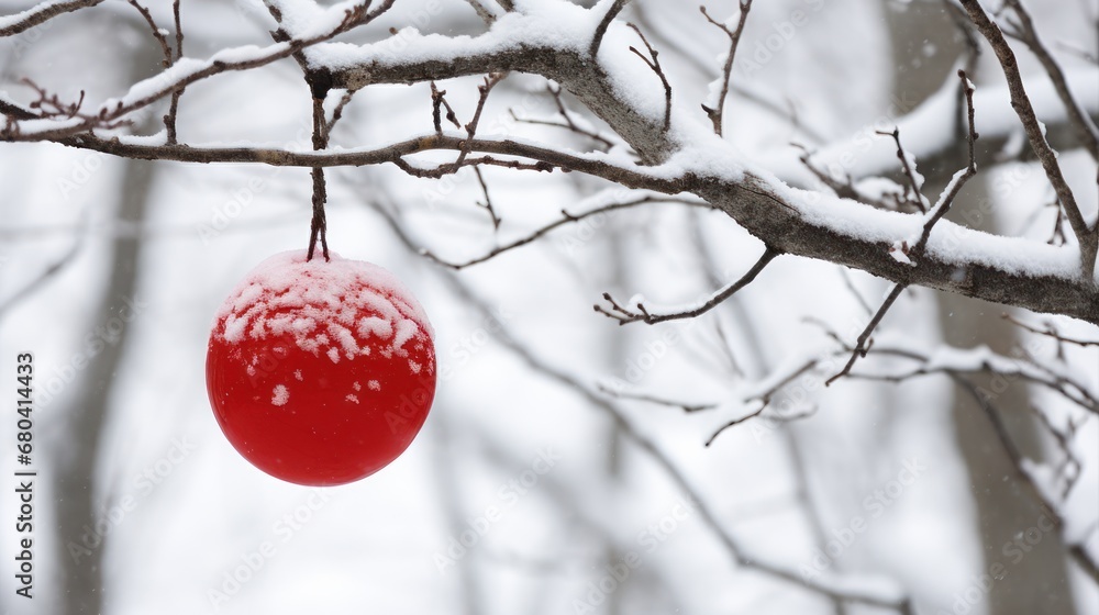 Poster a red ornament hanging from a tree branch with snow on the branches and a tree in the background.