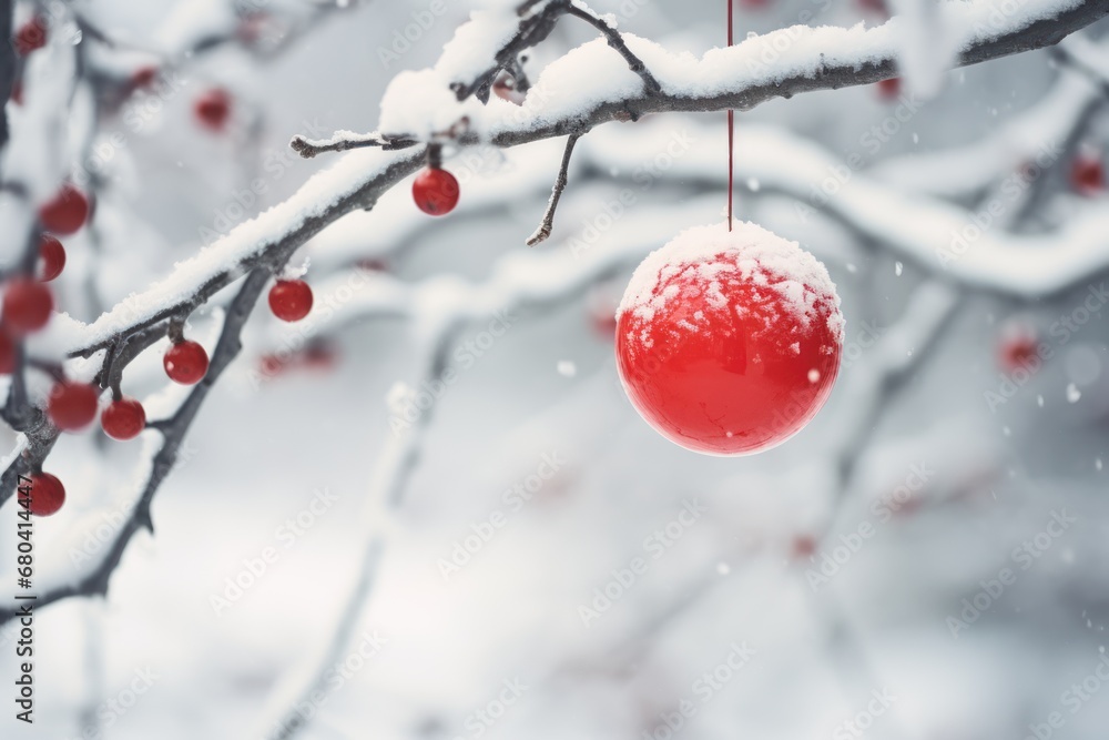 Poster a red ornament hanging from a tree branch with snow on it and berries hanging from it's branches.