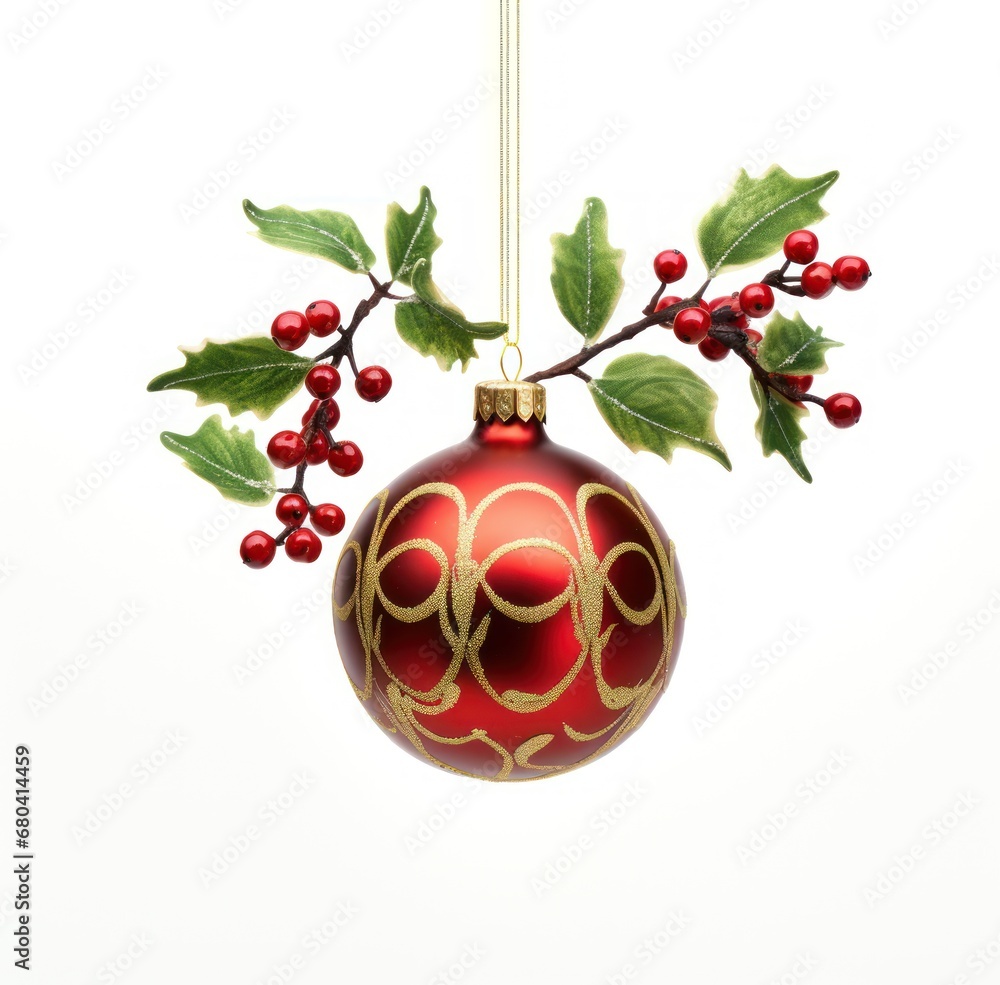 Poster a red ornament hanging from a twig with green leaves and red berries hanging from a twig.