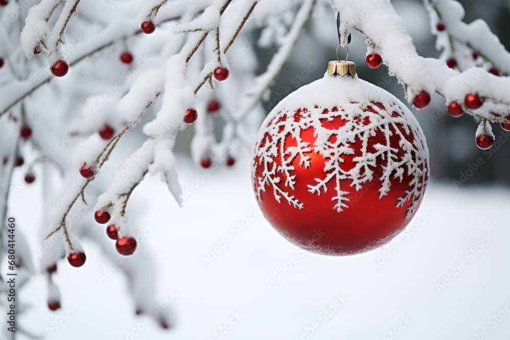 Aufkleber a red ornament hanging from a tree with snow on it's branches and red berries hanging from it's bran