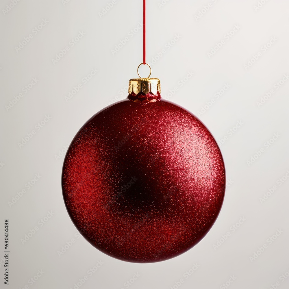 Poster a red christmas ornament hanging from a string against a white background the ornament is round in s