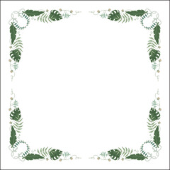  Green floral frame with tropical leaves and flowers, decorative corners for greeting cards, banners, business cards, invitations, menus. Isolated vector illustration.