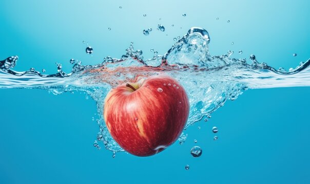  an apple is floating in the water with a splash of water on the top of it and the bottom half of the apple is half submerged in the water.