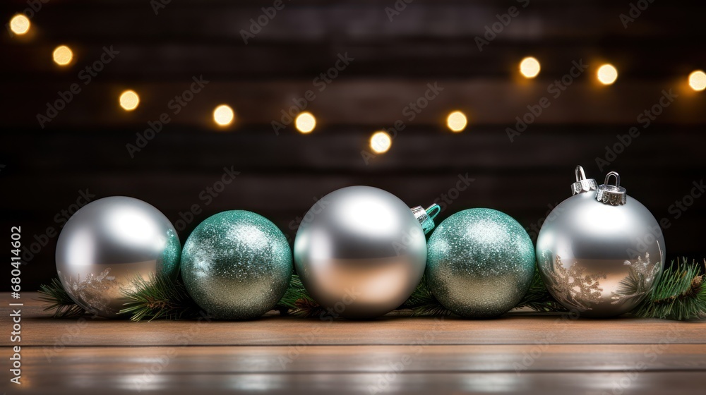 Poster a row of silver and green christmas ornaments on a wooden table in front of a string of lights on a 