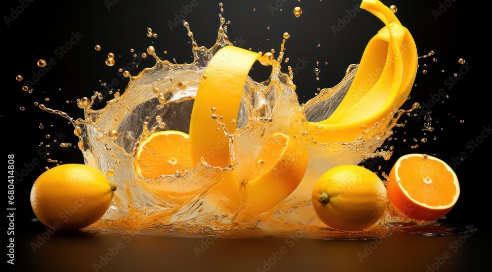 Poster a group of oranges and bananas are splashing into a glass of water with a splash of water on top of 