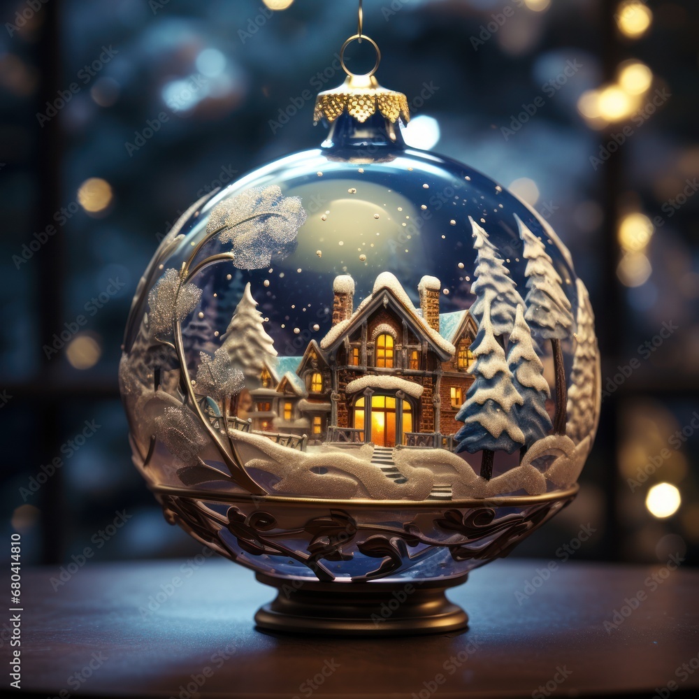 Poster a glass ornament with a house inside of it on a table in front of a window with christmas lights.