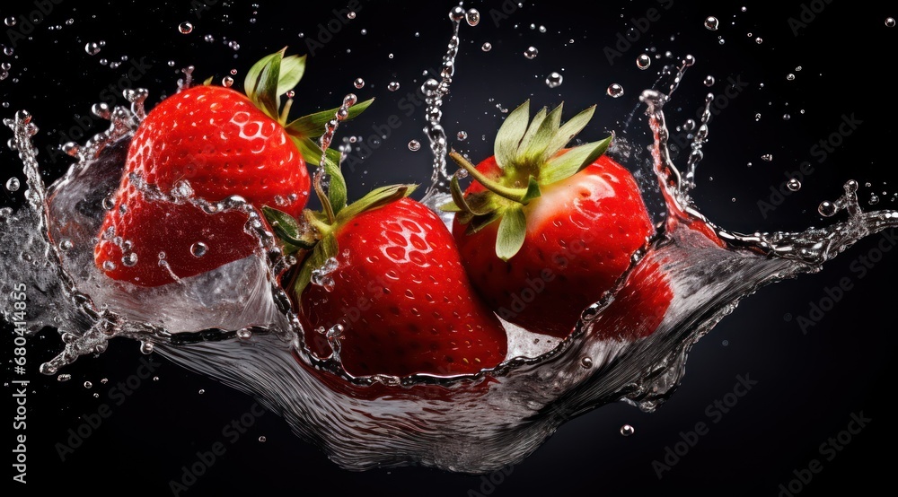 Poster three strawberries splashing into the water on a black background with a splash of water on the bott