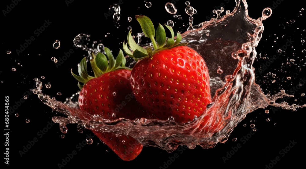 Poster two strawberries in a splash of water on a black background with a splash of water on the bottom of 
