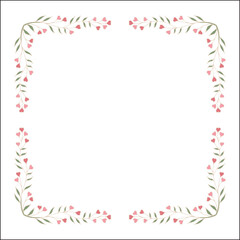  Green floral frame with heart shaped flowers, decorative corners for greeting cards, banners, business cards, invitations, menus. Isolated vector illustration.