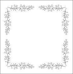Black and white floral frame with heart shaped flowers, decorative corners for greeting cards, banners, business cards, invitations, menus. Isolated vector illustration.	