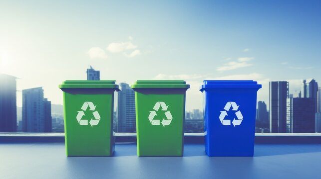 Three recycling bins with cityscape in the background.