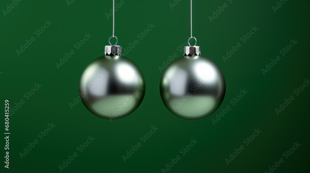 Poster a pair of shiny silver christmas balls hanging from a string on a green background with space for te