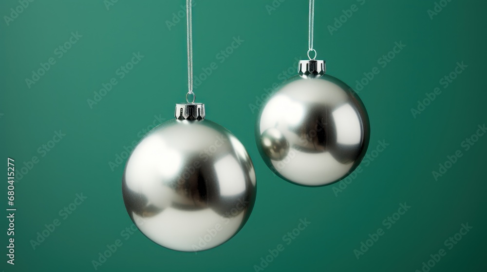 Poster two shiny silver christmas balls hanging from a string on a green background with copy - space for t