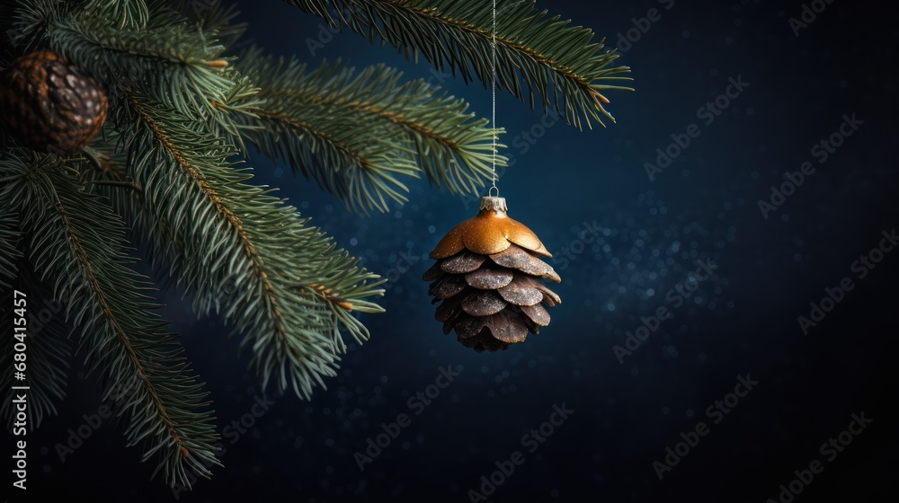 Poster a pine cone ornament hanging from a pine tree branch with snow falling on the ground in the backgrou