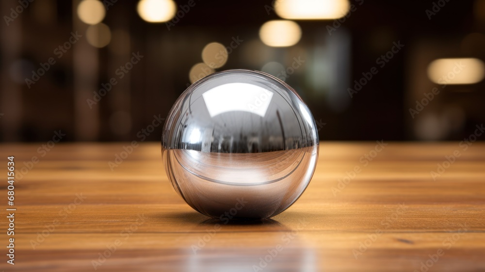 Aufkleber a shiny metal object sitting on top of a wooden table in front of a mirror with lights in the backgr
