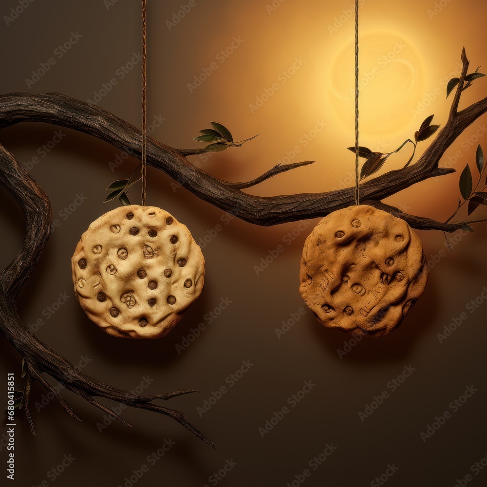 Poster a tree branch with two cookies hanging from it's branches next to a light bulb and a tree branch wit