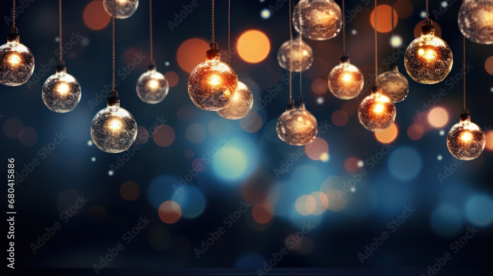 Poster a bunch of lights that are hanging from a string in the air with boket lights in the background.