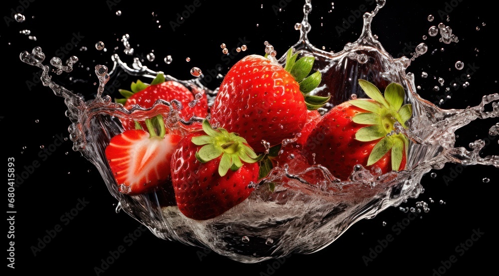 Poster a group of strawberries splashing into a glass of water on a black background with a splash of water