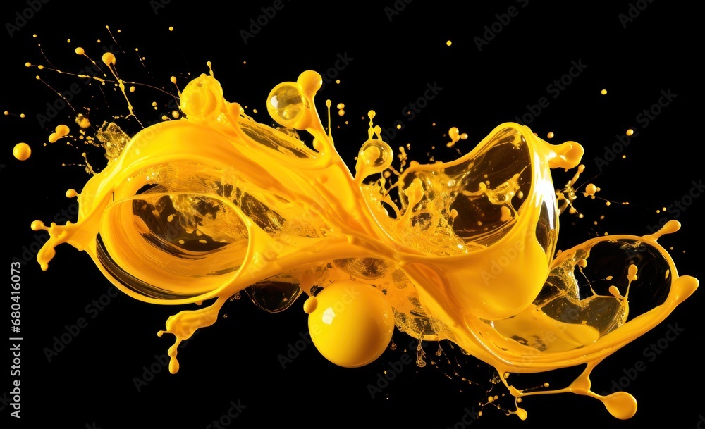 Poster a yellow liquid splashing on top of a yellow object on a black background with a drop of liquid comi