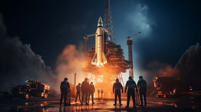 Digital photo of the A group of aerospace engineers is preparing a space heavy rocket for launch on the launch pad of the cosmodrome
