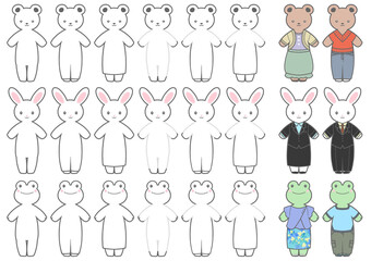 Illustration Set for Dress-up Log. | Rabbit, Bear, Frog.