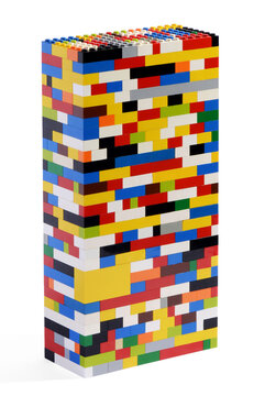 Tower constructed of colorful Lego bricks