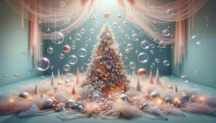 A magical christmas tree surrounded by floating bubbles and delicate drapery in a serene setting,...