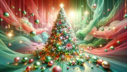 A vibrant christmas tree wrapped in swirling silk, illuminated with bright lights in a festive atmosphere, copy space for text, invitation for celebration party or greeting card layout