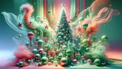 Surreal christmas tree engulfed in a whirl of fantastical ornaments and vivid pastel smoke in a dazzling display, copy space for text, invitation for celebration party or greeting card layout