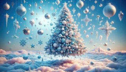 Fototapeta na wymiar Whimsical christmas tree surrounded by a frosty cloudscape, evoking the essence of a magical winter wonderland, copy space for text, invitation for celebration party or greeting card layout