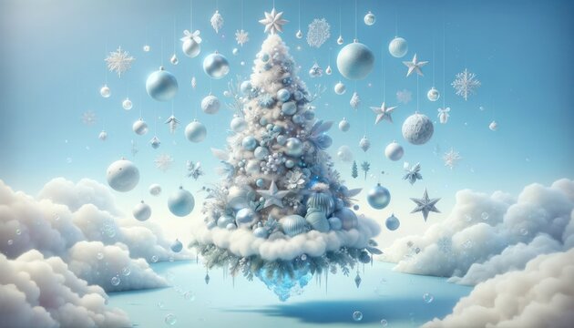 Serene christmas tree on a floating island with snowflakes and clouds, embodying a peaceful winter fairy tale, copy space for text, invitation for celebration party or greeting card layout