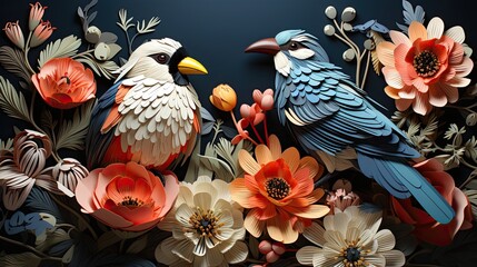 Naklejka premium Organic forms and vibrant colors of colourful birds and flowers.