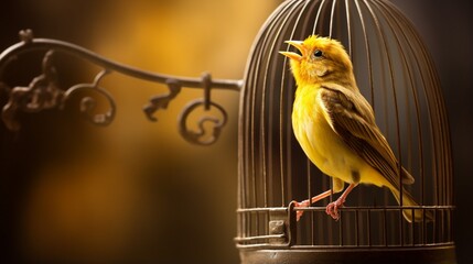 a classic and elegant image of a singing Canary perched on a golden birdcage